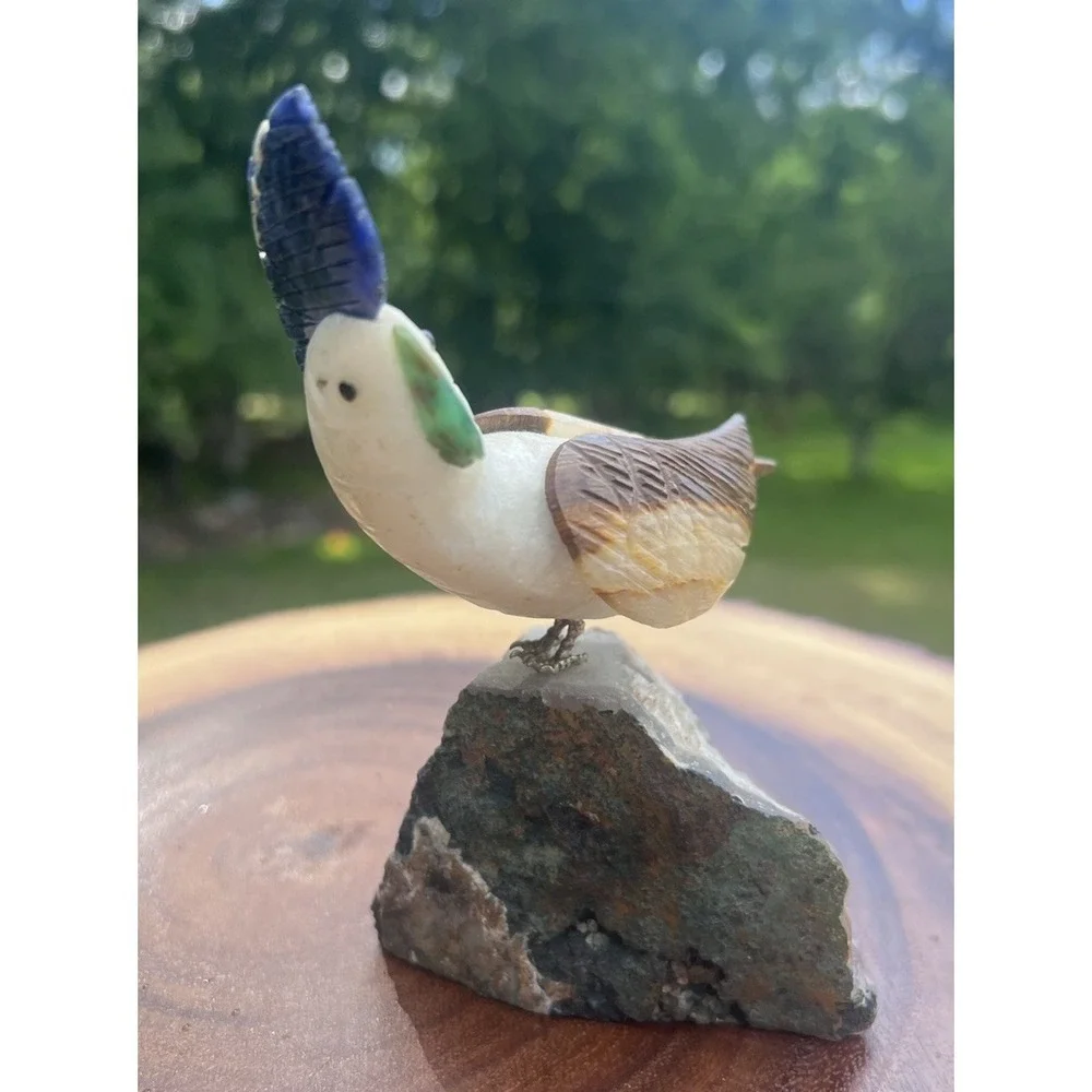 Hand Carved Gemstone Cockatoo Bird Figurine on Amethyst Geode Base 6